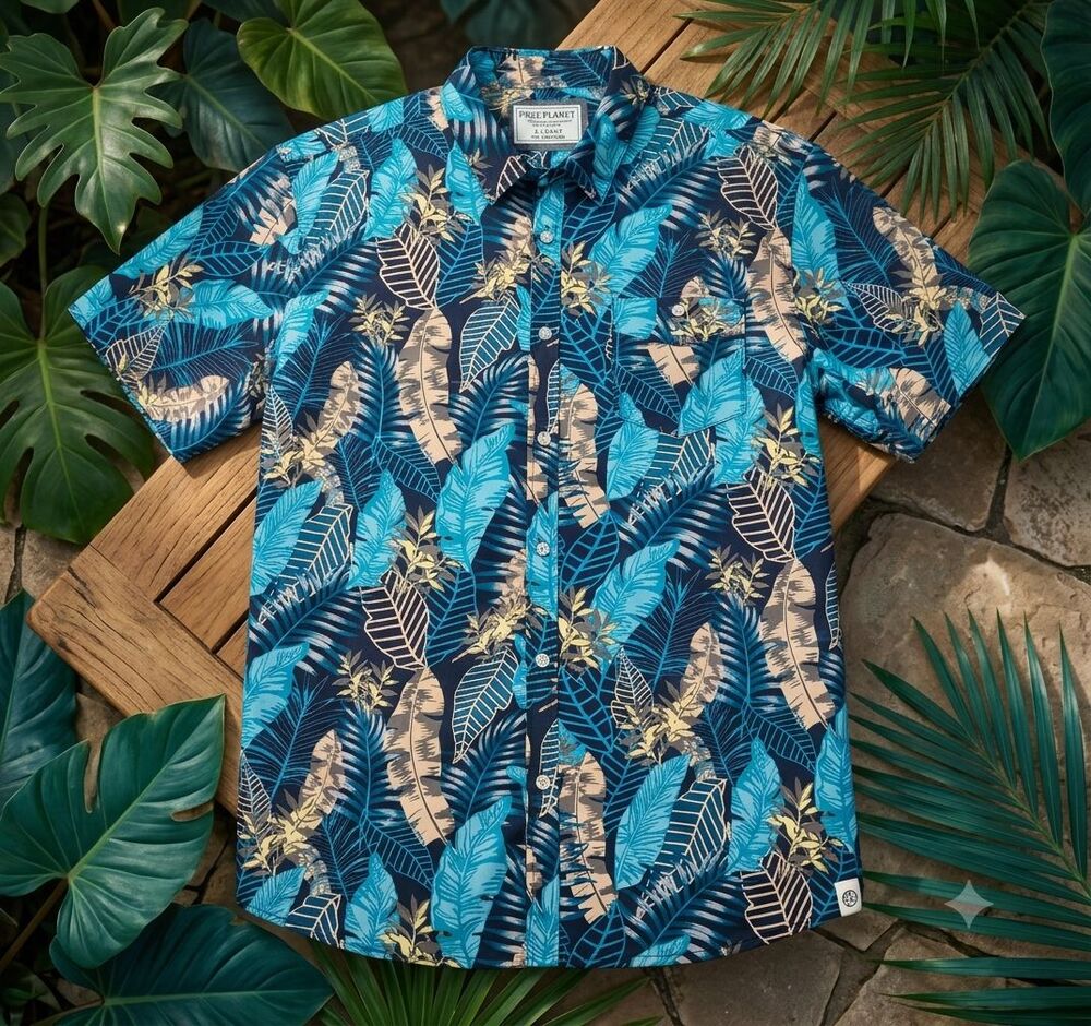Free Planet Men’s XL Tropical Button Up Shirt Blue Beige Leaf Print Casual Top